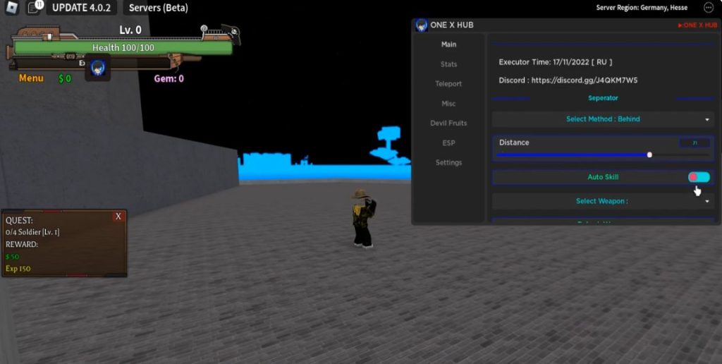 Screenshot of using One X Hub Script on Blox fruit game